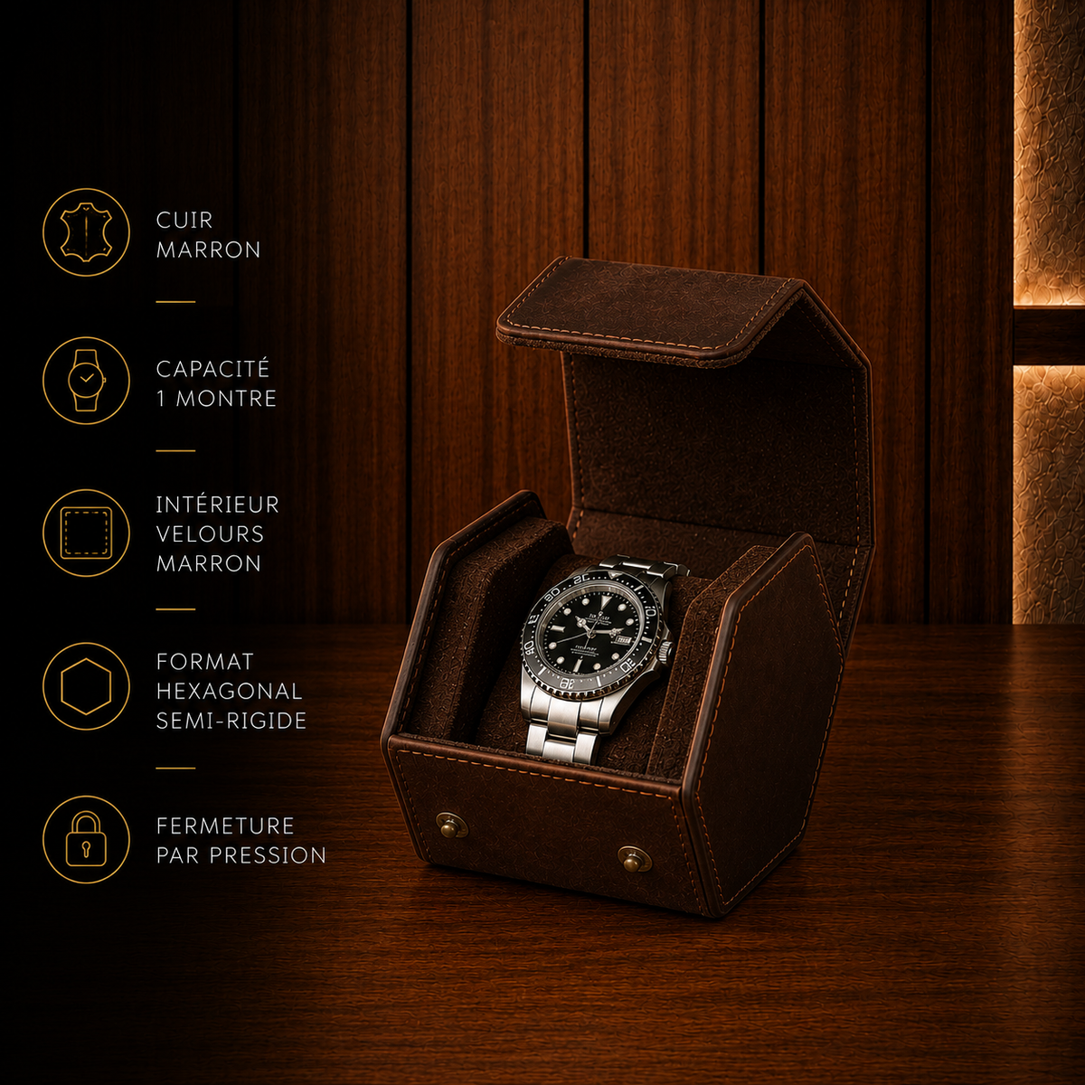Boîte à Montres Hexagonale Marron – 1 Montre
