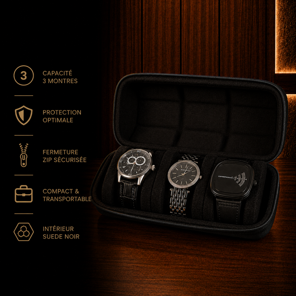 Étui à Montres Rigide Noir – 3 Montres