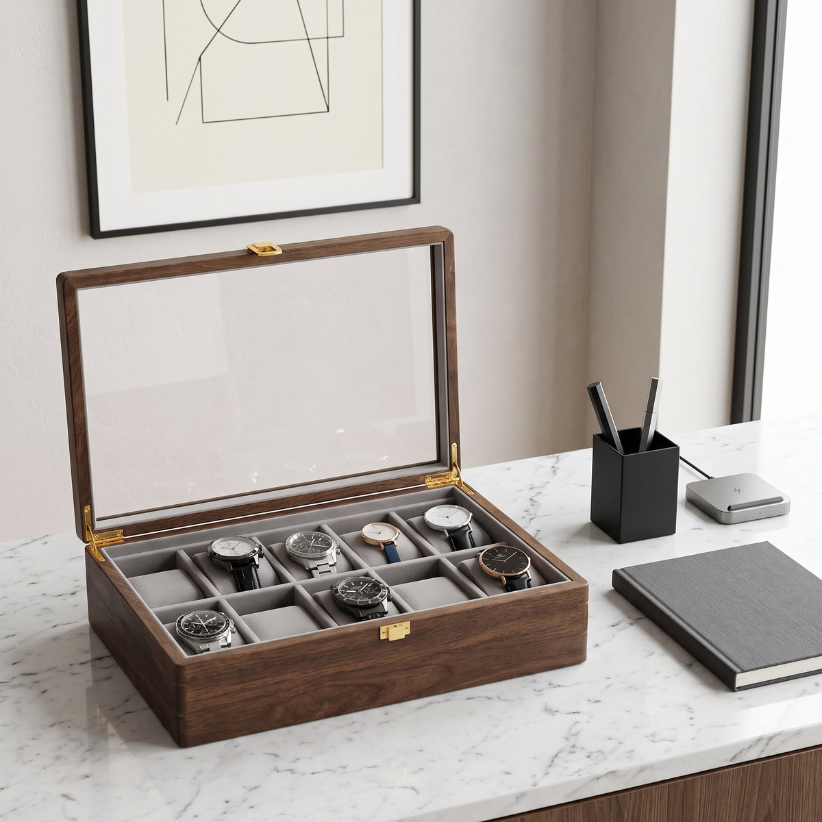 Boîte à Montres en Noyer Massif – 1 à 10 Montres
