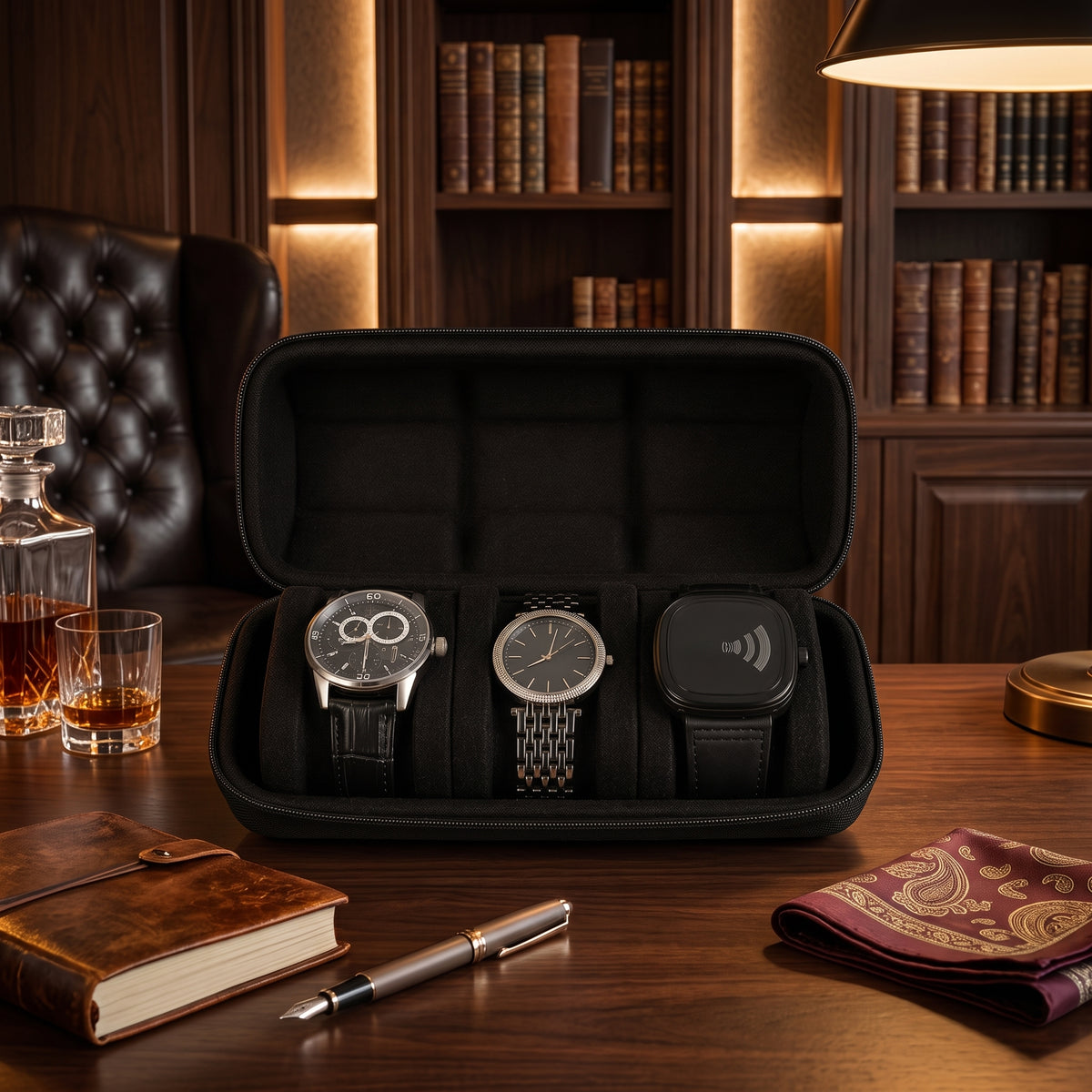 Étui à Montres Rigide Noir – 3 Montres