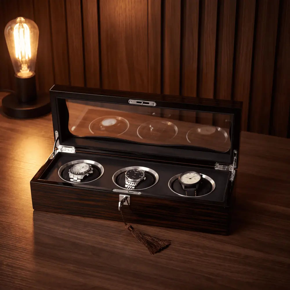Boîte à Montres en Bois d'Ébène – 3 Montres