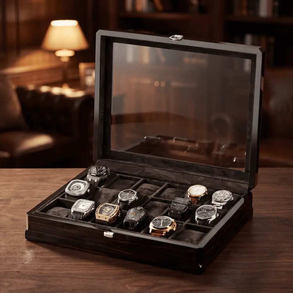 Boîte à Montres Laquée Noire – 18 Montres